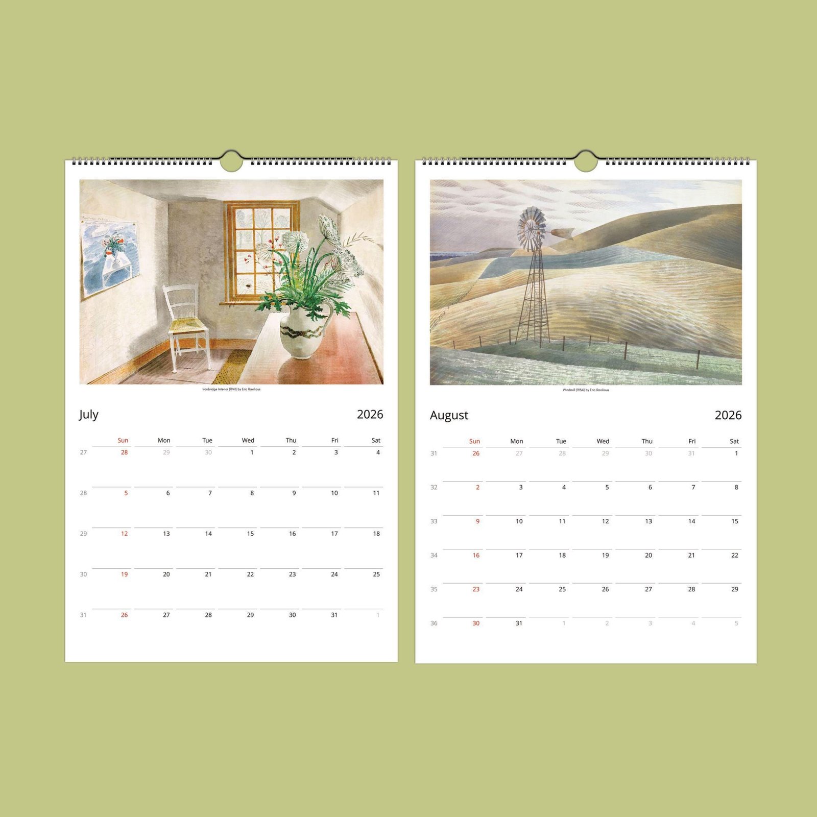 July and August 2026 calendar with art.