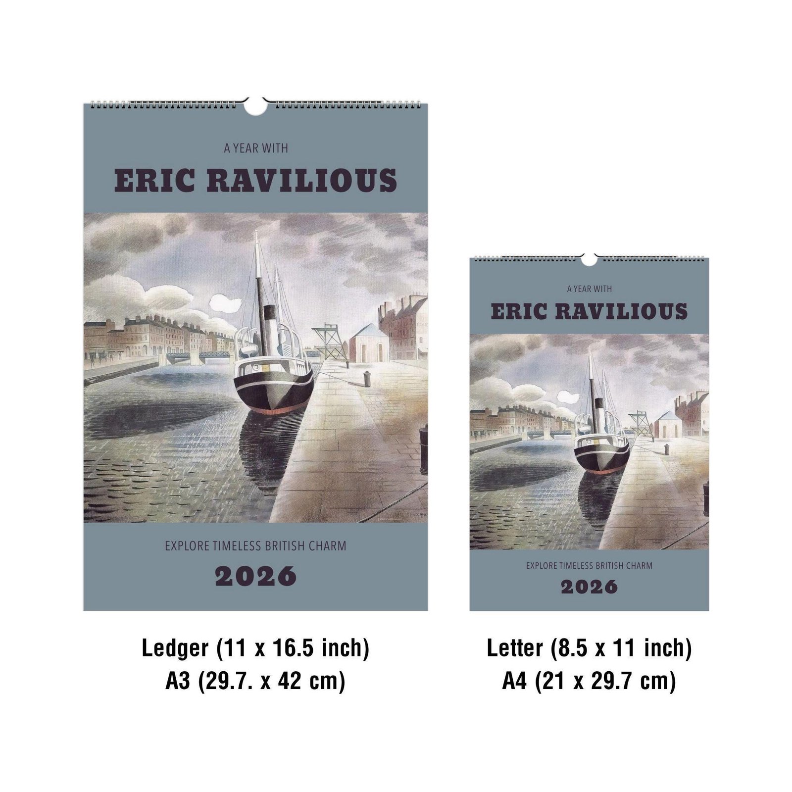 Eric Ravilious 2026 calendar with boat illustration.