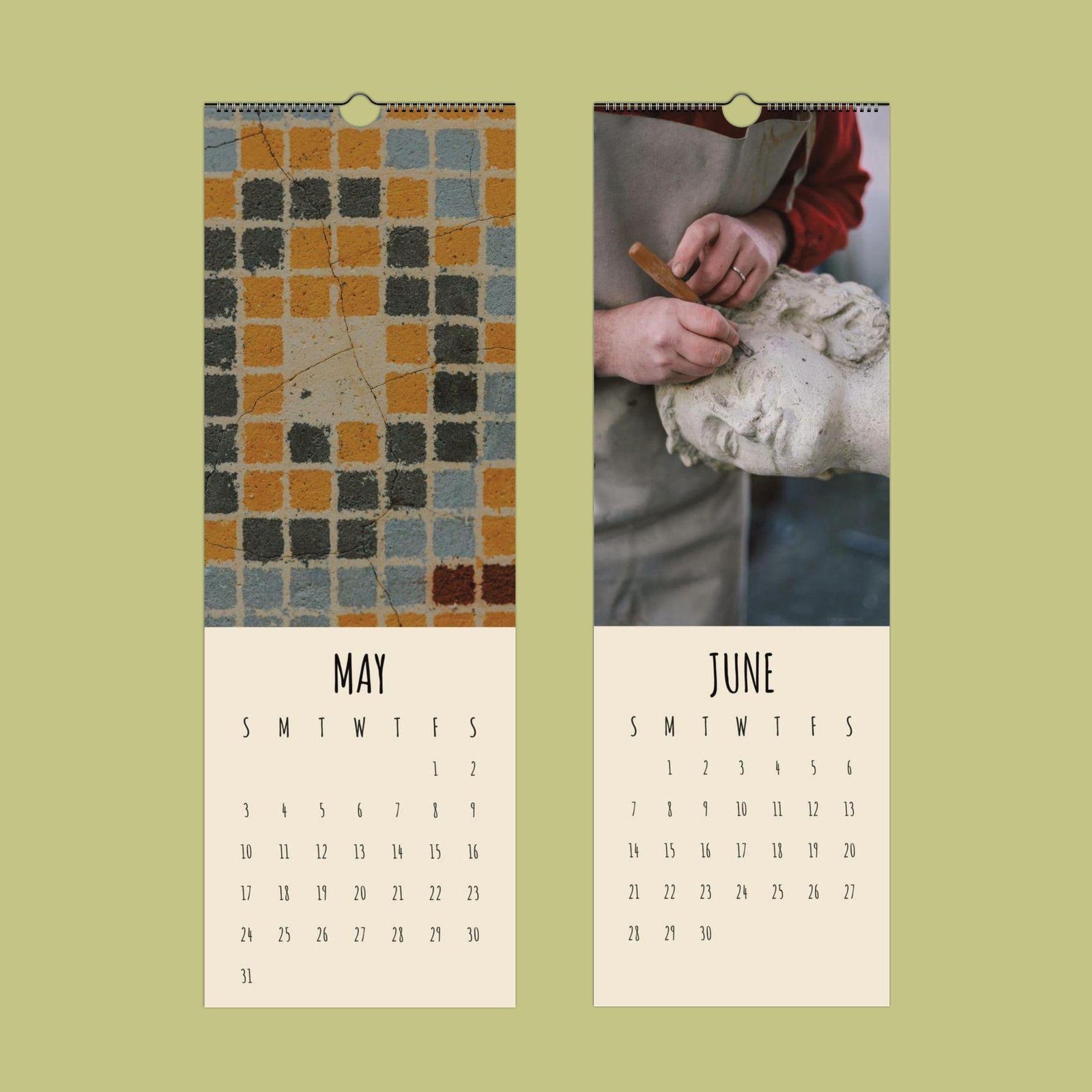 May-June calendar with mosaic and sculpture images.