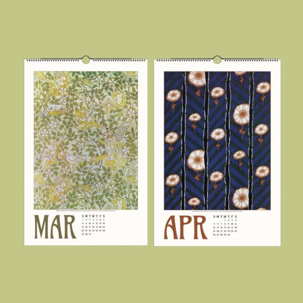 March April calendar pages with floral designs.