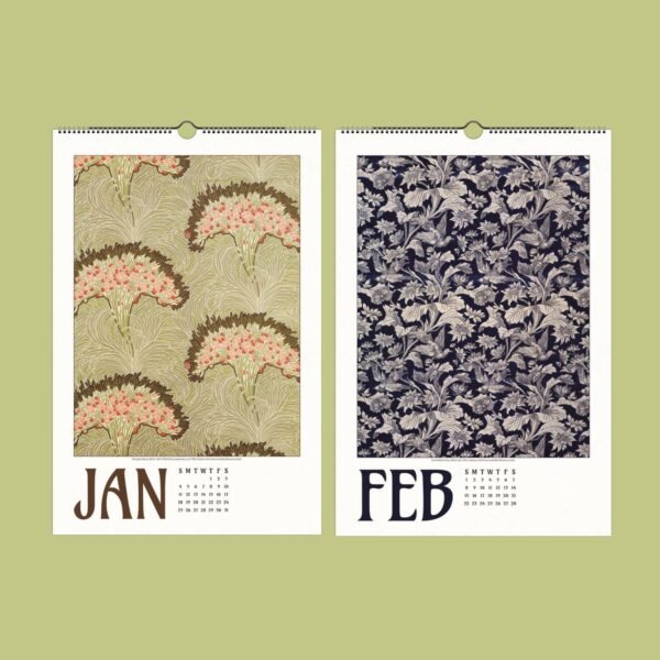 Floral patterned January and February calendar pages.