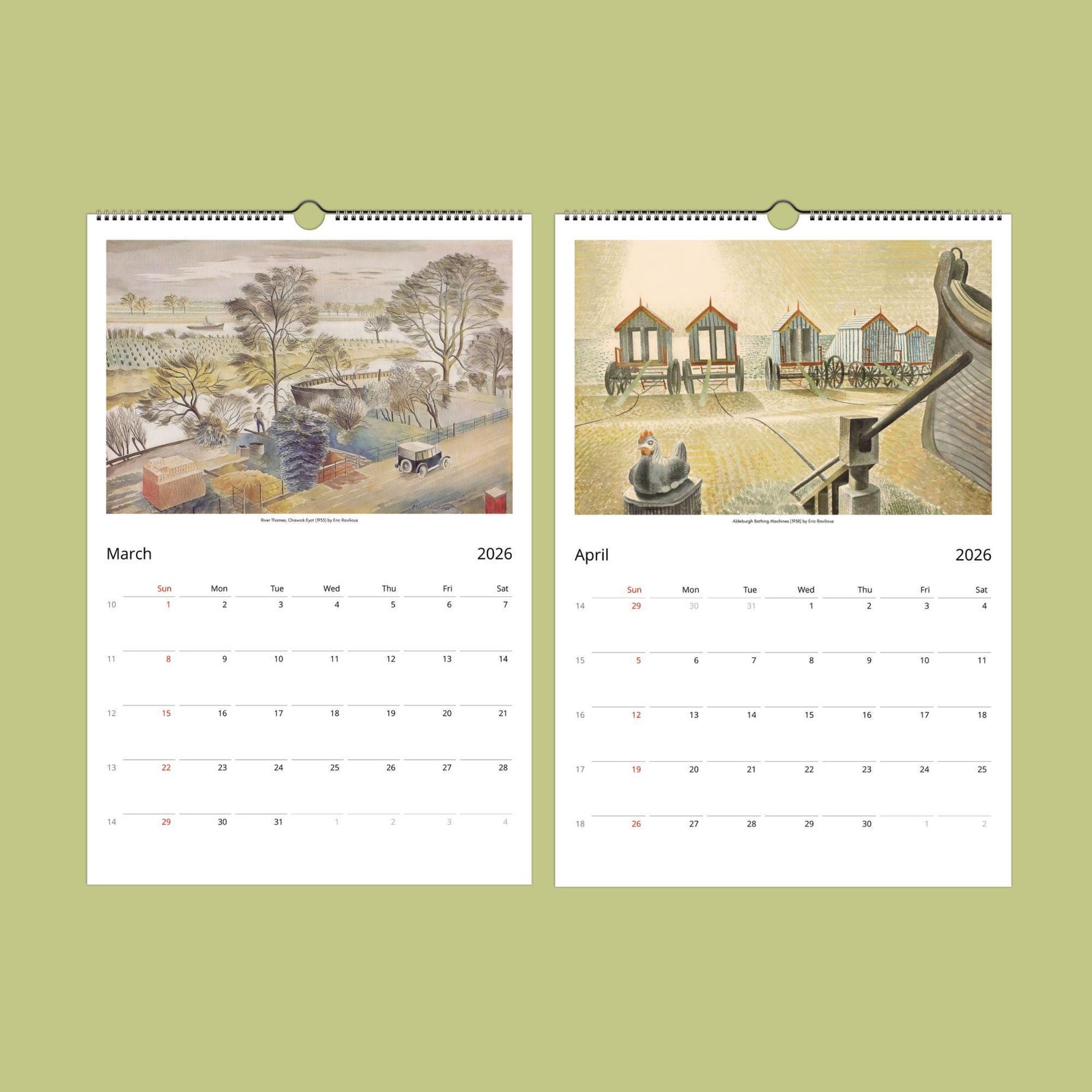 2026 calendar with March and April illustrations.