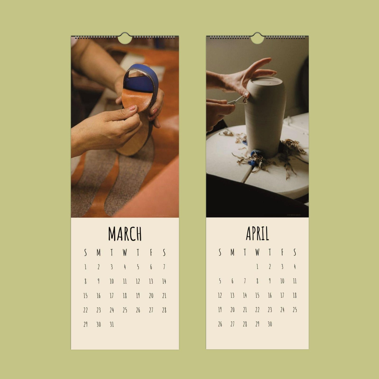 Calendar pages for March and April with crafts.