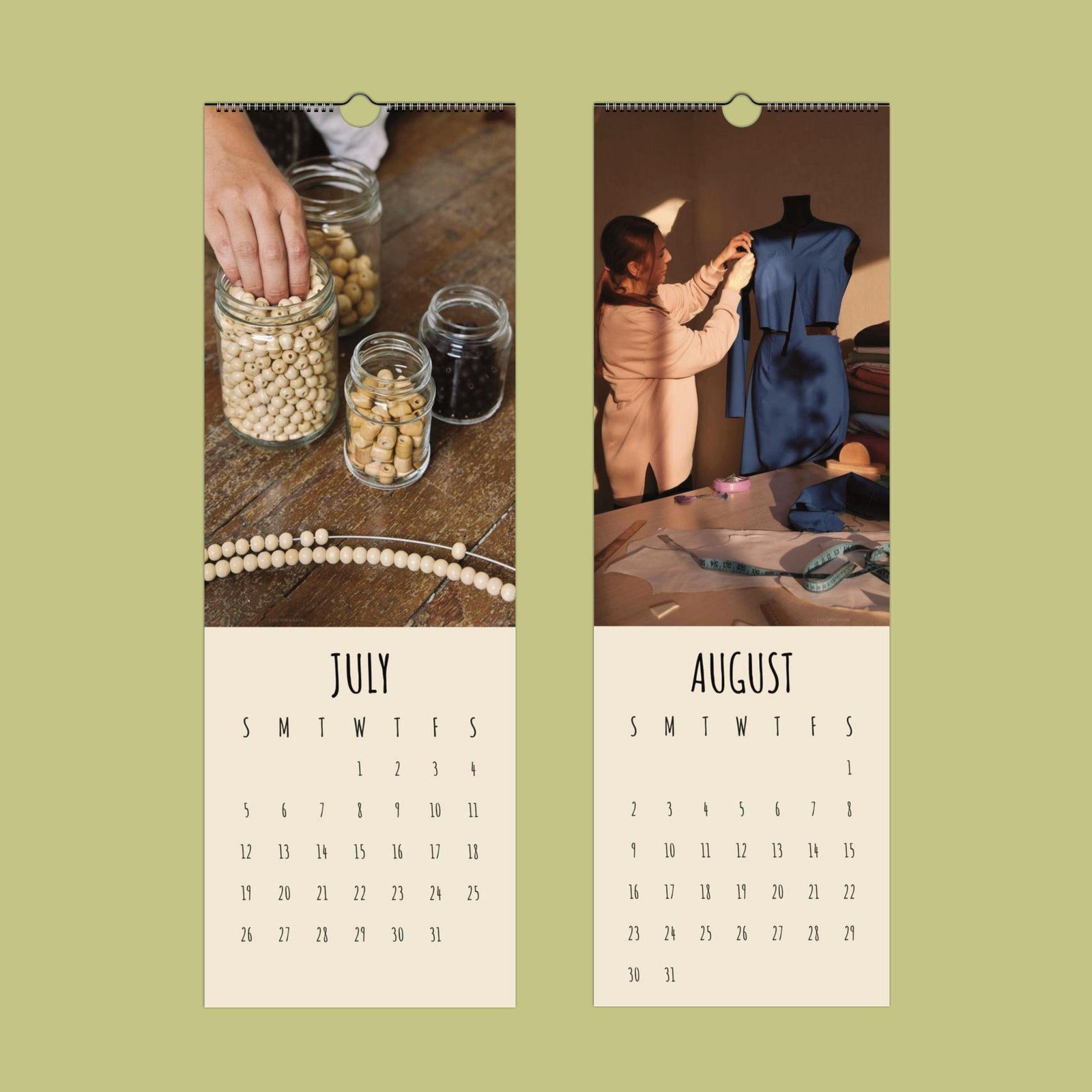 July-August calendar with crafts and sewing.