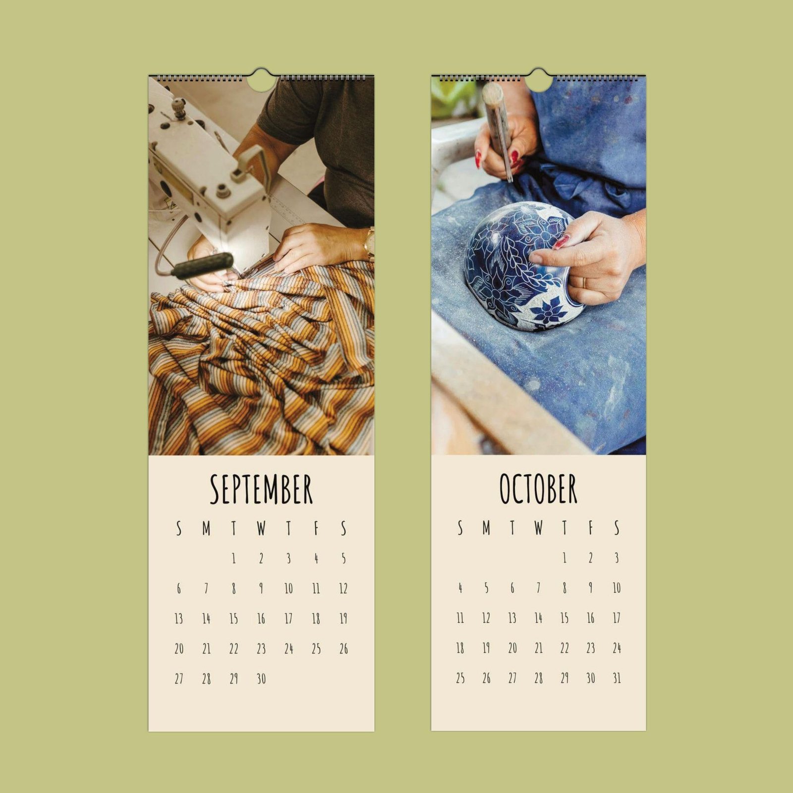Calendar featuring sewing and pottery crafts.