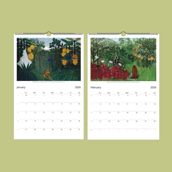 2026 calendar with jungle paintings for January-February.