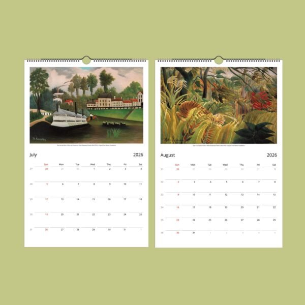 2026 calendar with July and August paintings