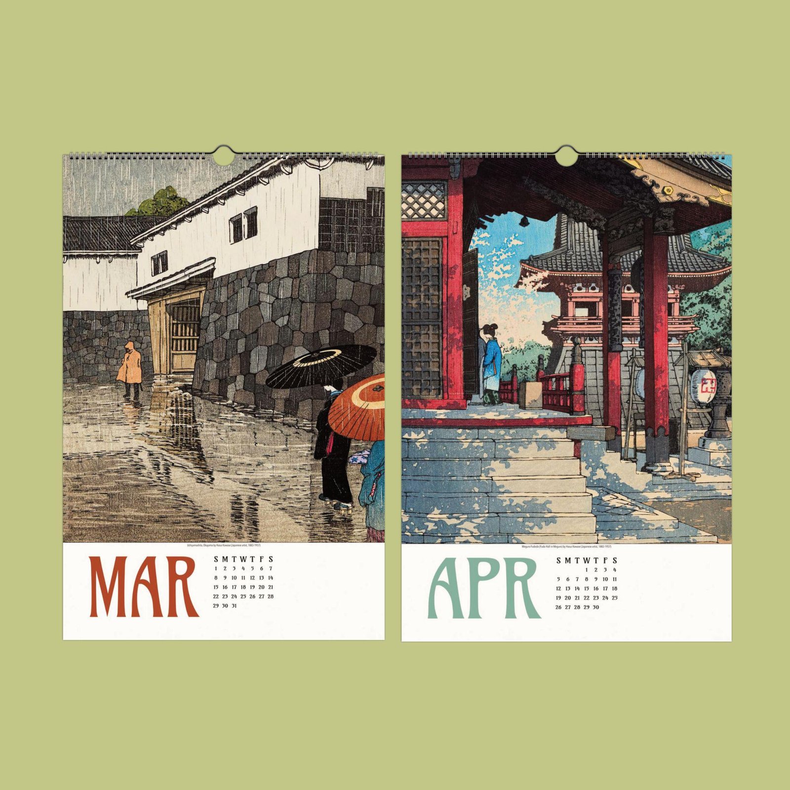 Artistic calendar pages for March and April.