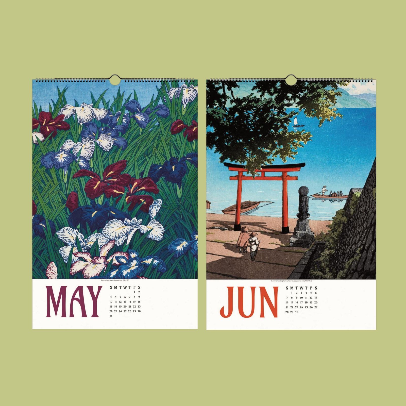 May and June calendar pages with nature illustrations.