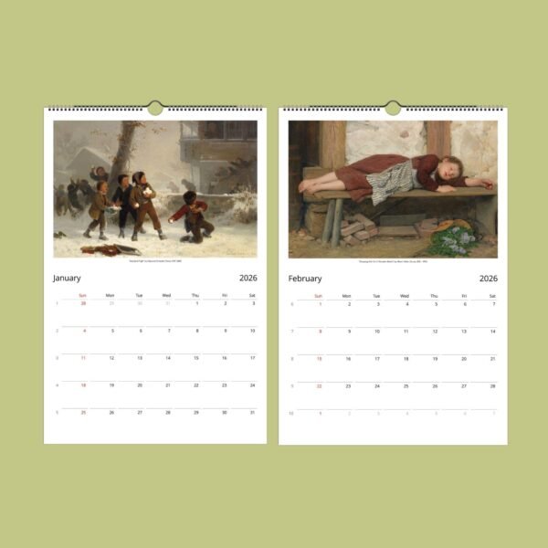 2026 calendar with January, February artwork.