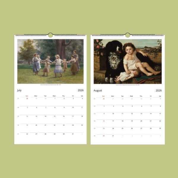2026 art-themed wall calendar, July and August pages.