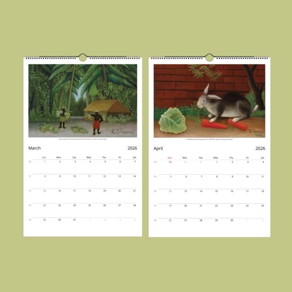 2026 calendar March April paintings jungle rabbit