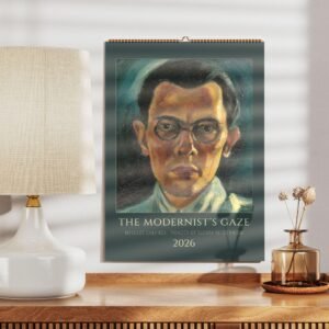 Modernist portrait calendar on wall beside lamp.