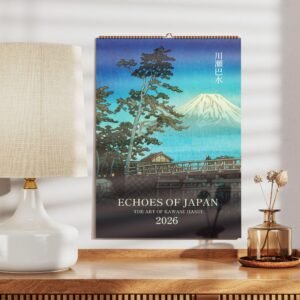 Japanese art calendar on a wooden table, 2026.