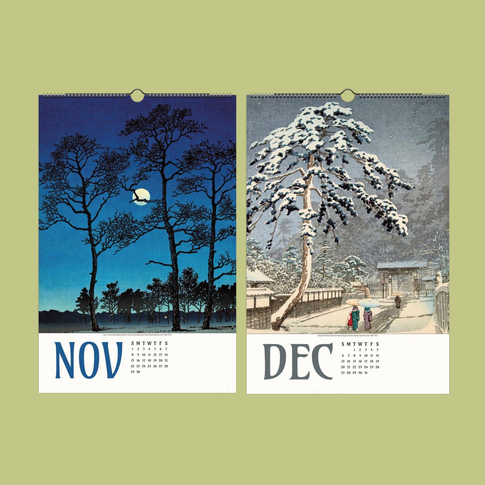 November and December calendar pages, winter scenes.