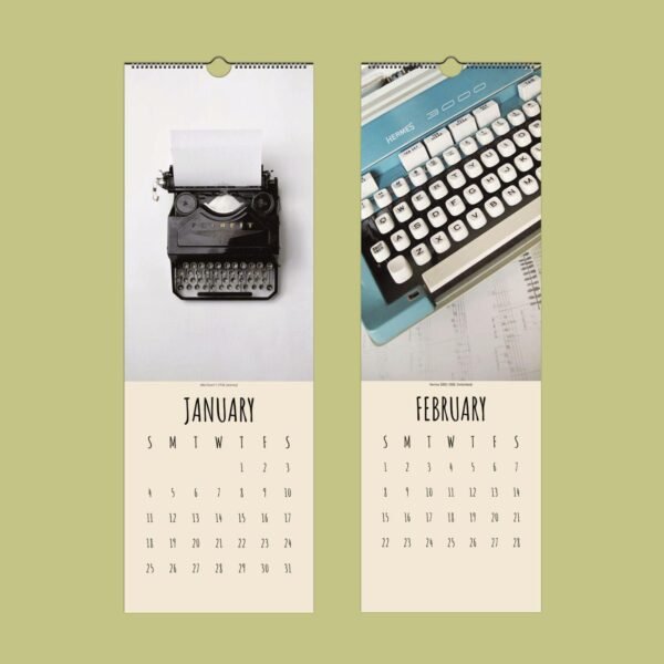 Vintage typewriters showcased on a calendar for January, February.