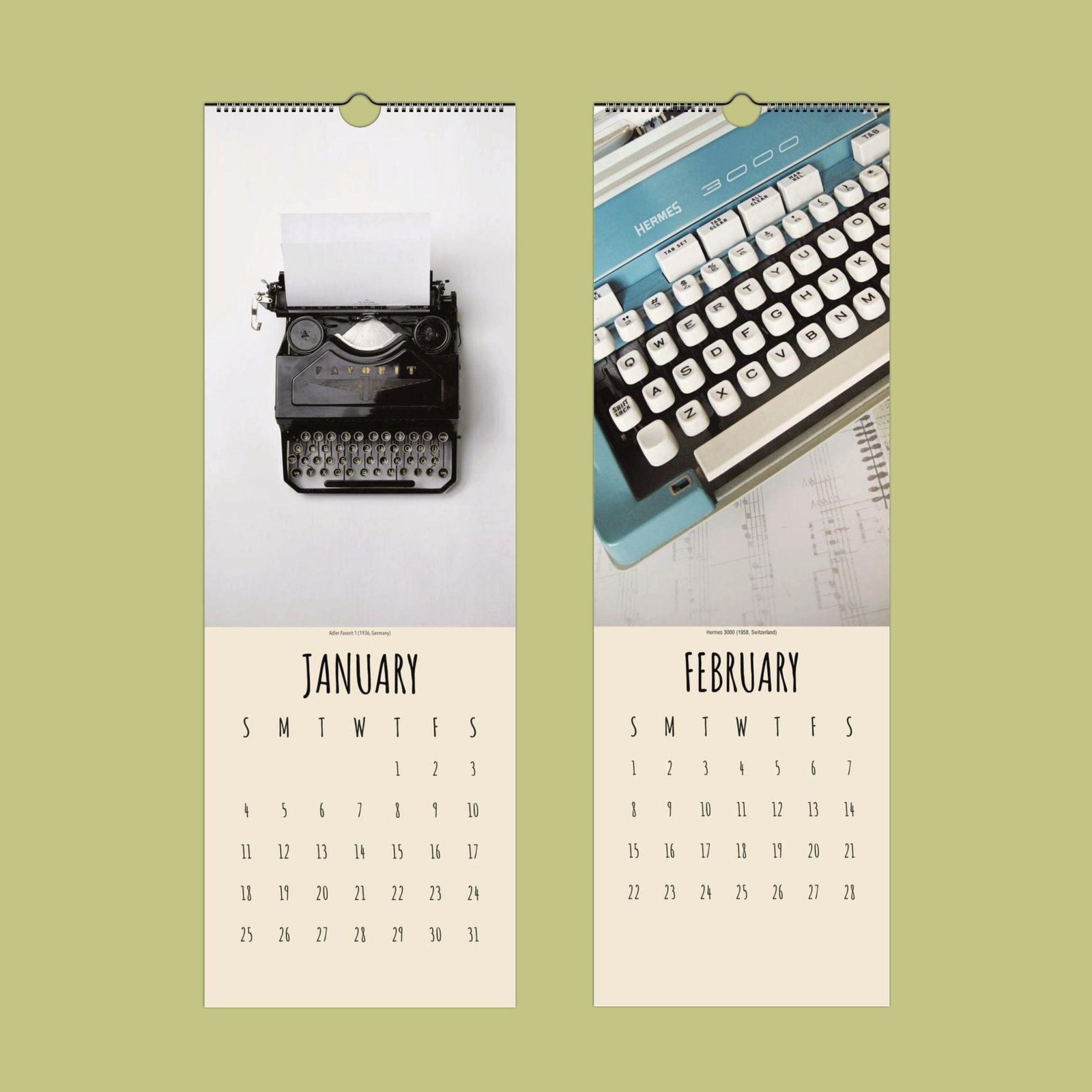 Vintage typewriters showcased on a calendar for January, February.