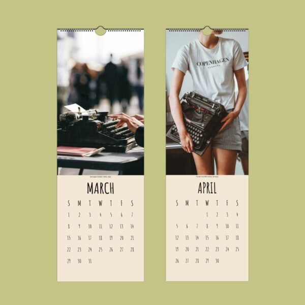 Vintage typewriters on March and April calendar pages.