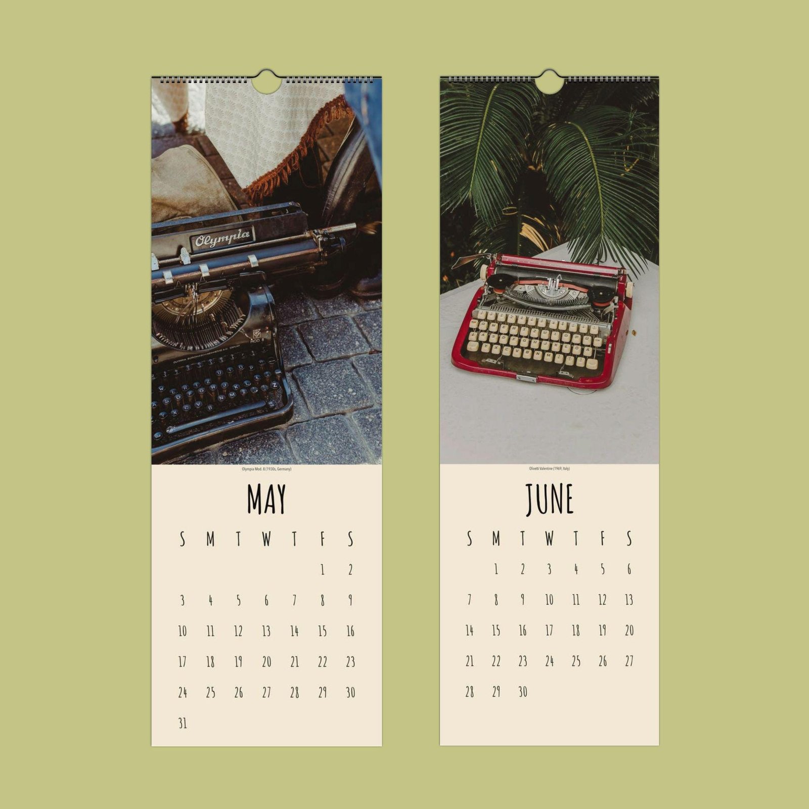 Vintage typewriter calendar pages for May and June.