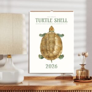 2026 turtle illustration calendar on wall near lamp.