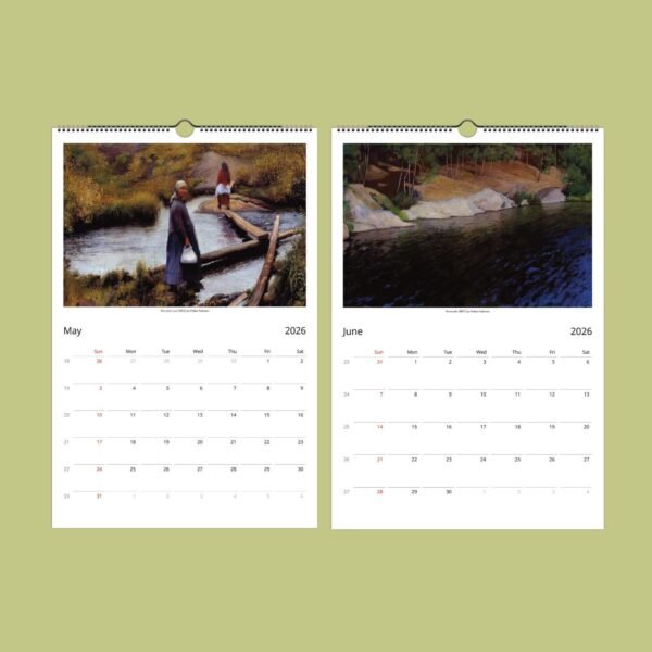 2026 calendar with landscape paintings for May and June.