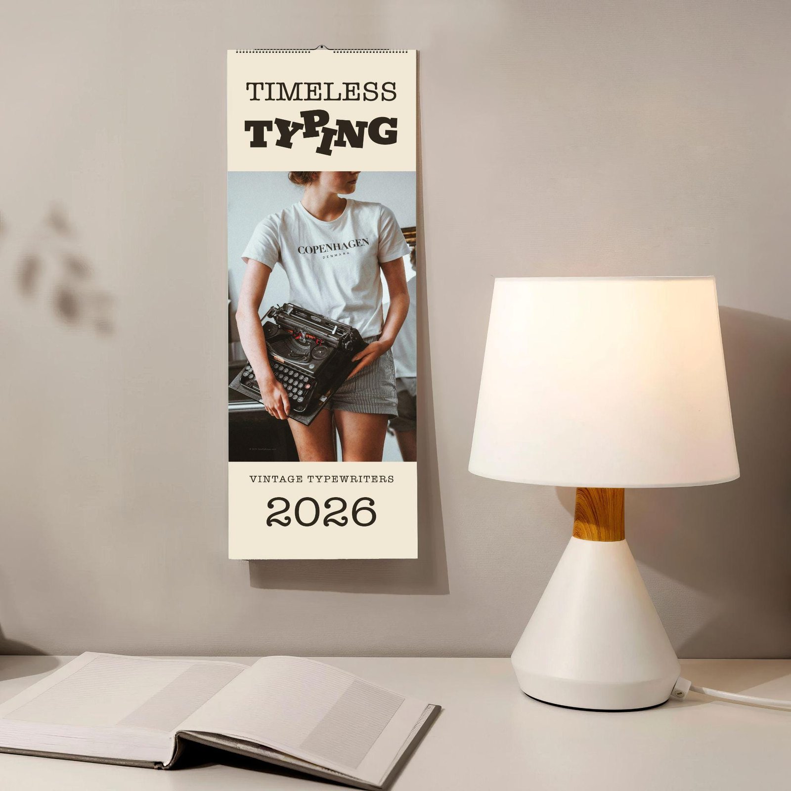 2026 vintage typewriters calendar and table lamp scene