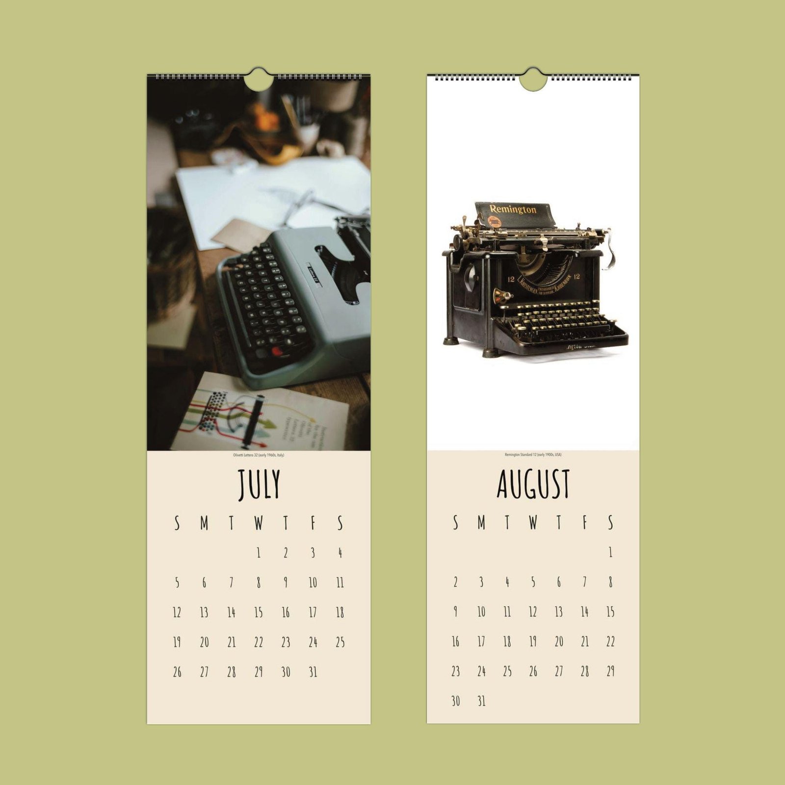 Vintage typewriter calendar for July and August