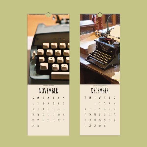 Vintage typewriters on November and December calendar pages.