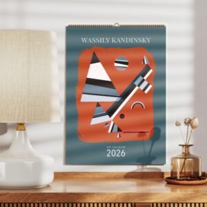 2026 abstract art calendar on wooden table.