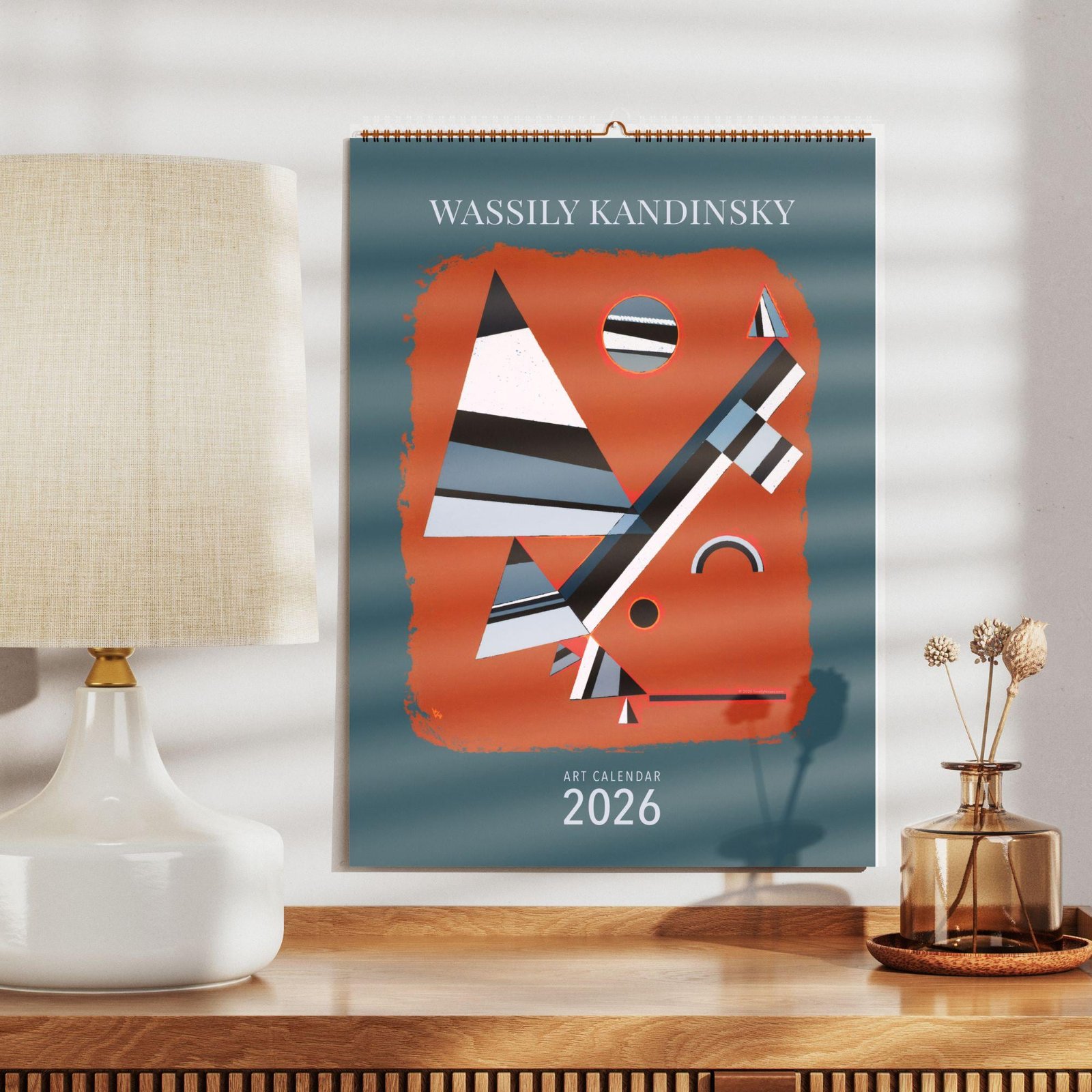 2026 abstract art calendar on wooden table.