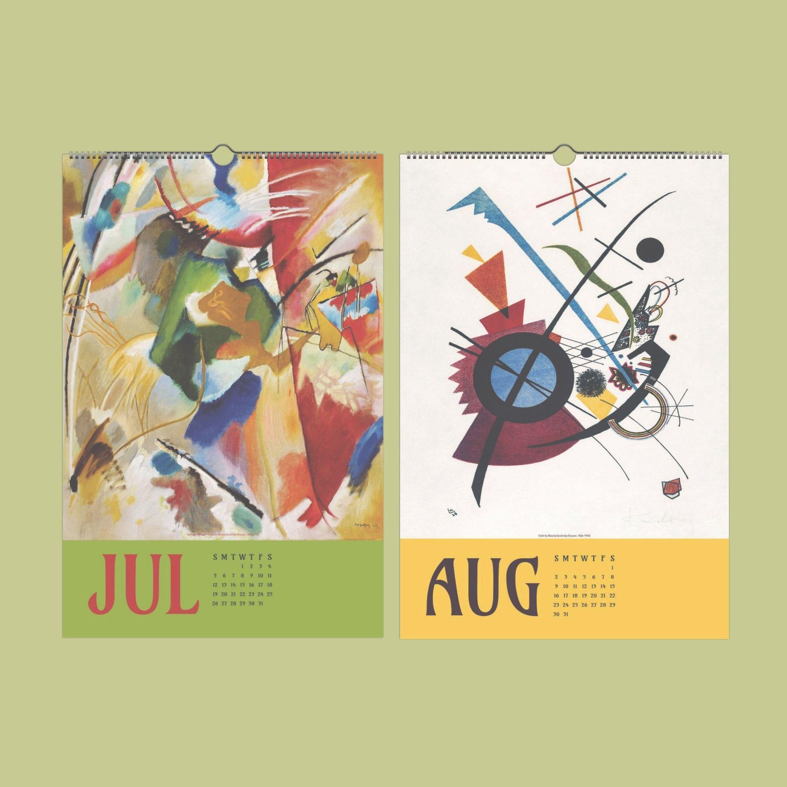 Abstract art calendar for July and August.