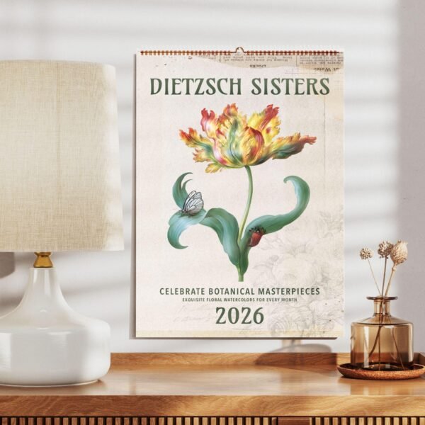Floral 2026 calendar on a wooden table