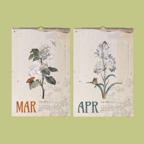 March April floral calendar pages with butterflies.