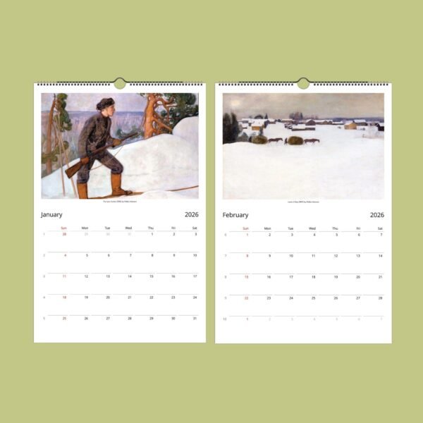 2026 calendar with winter-themed paintings.