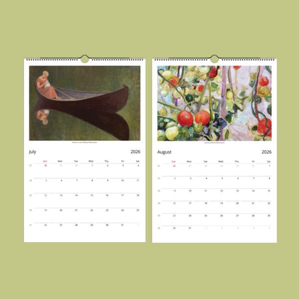 2026 calendar pages for July and August with paintings.