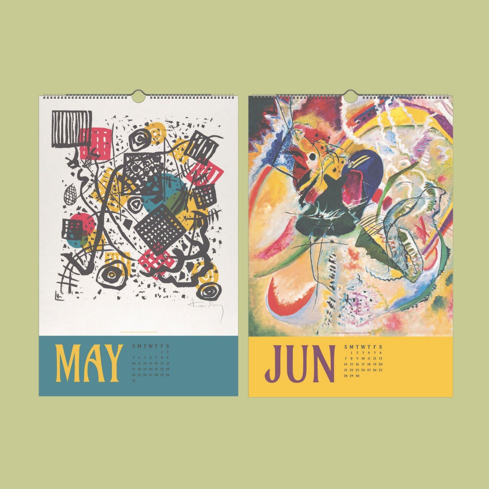 Abstract art calendar pages for May and June.