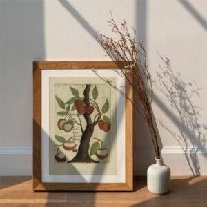 Framed botanical art with vase on wooden floor.