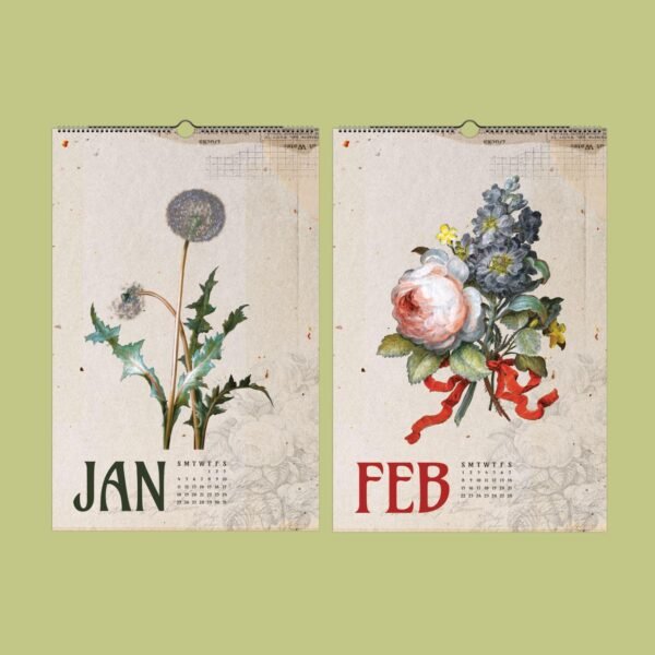 Vintage floral calendar pages for January and February.