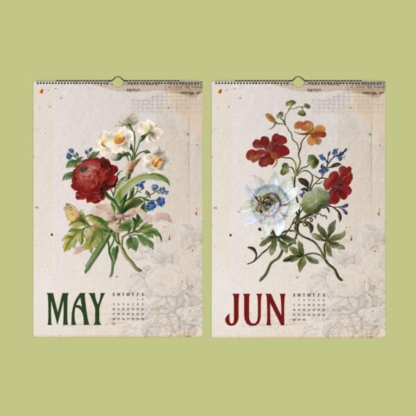 Floral calendar pages for May and June.