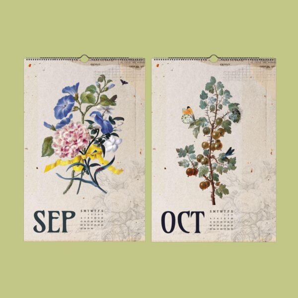 September October floral calendar pages with vintage designs.