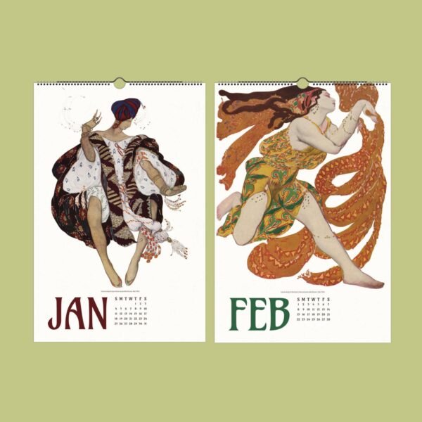 Artistic calendar pages for January and February.