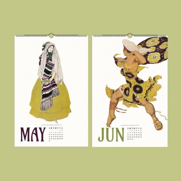 Colorful vintage calendar art for May and June.