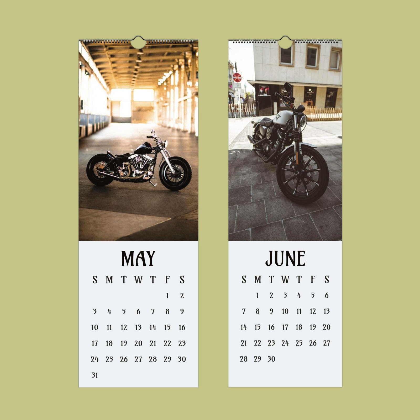 May and June motorcycle calendar pages.