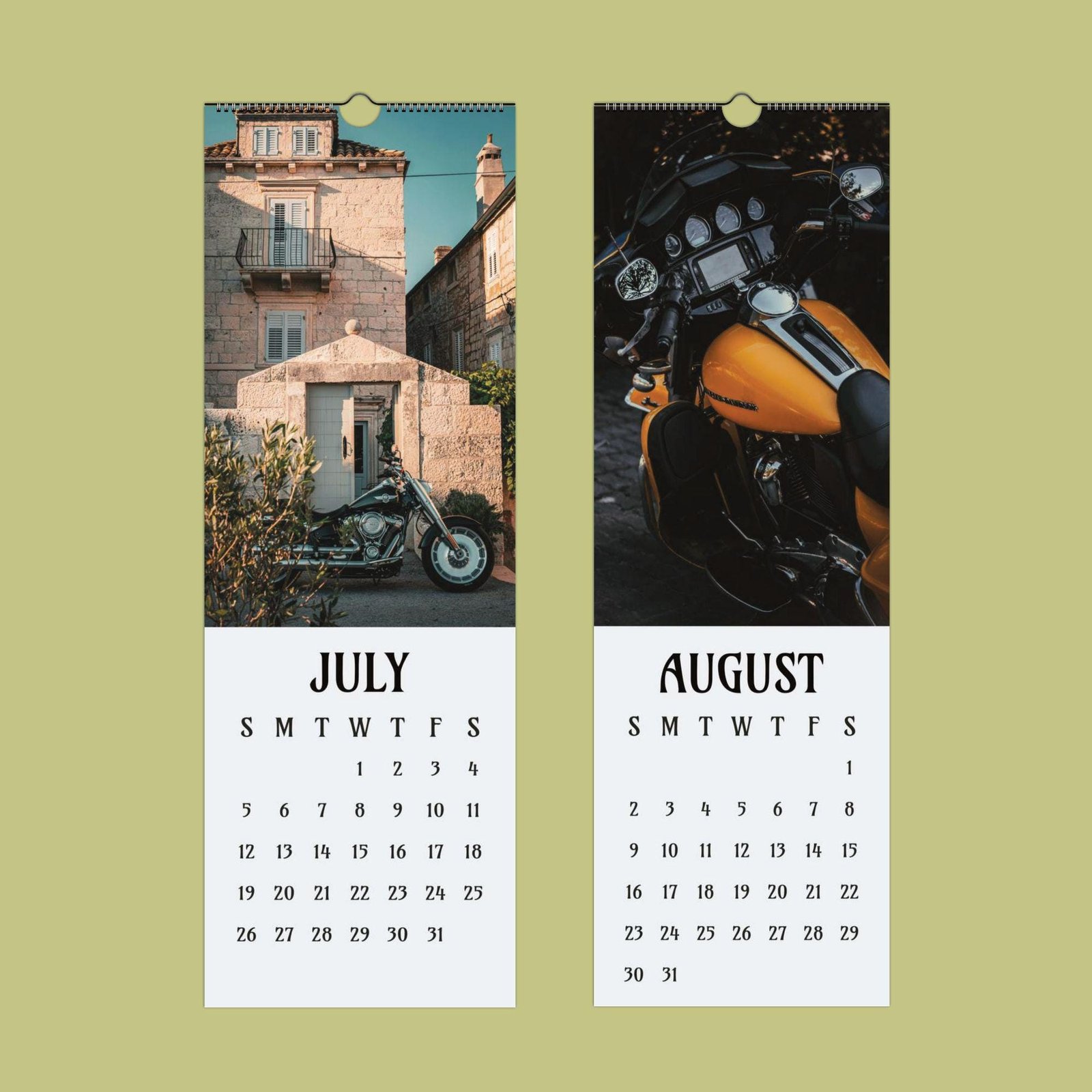 Motorcycle calendar for July and August.