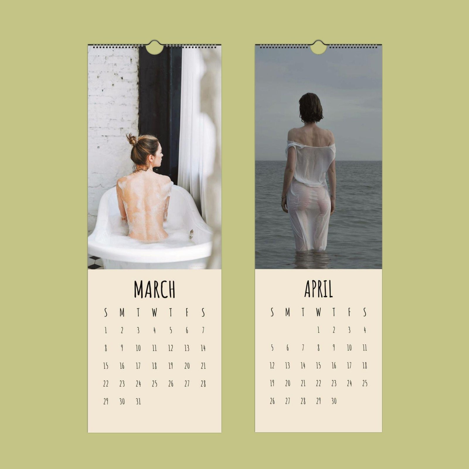 March and April calendar pages with artistic photos.