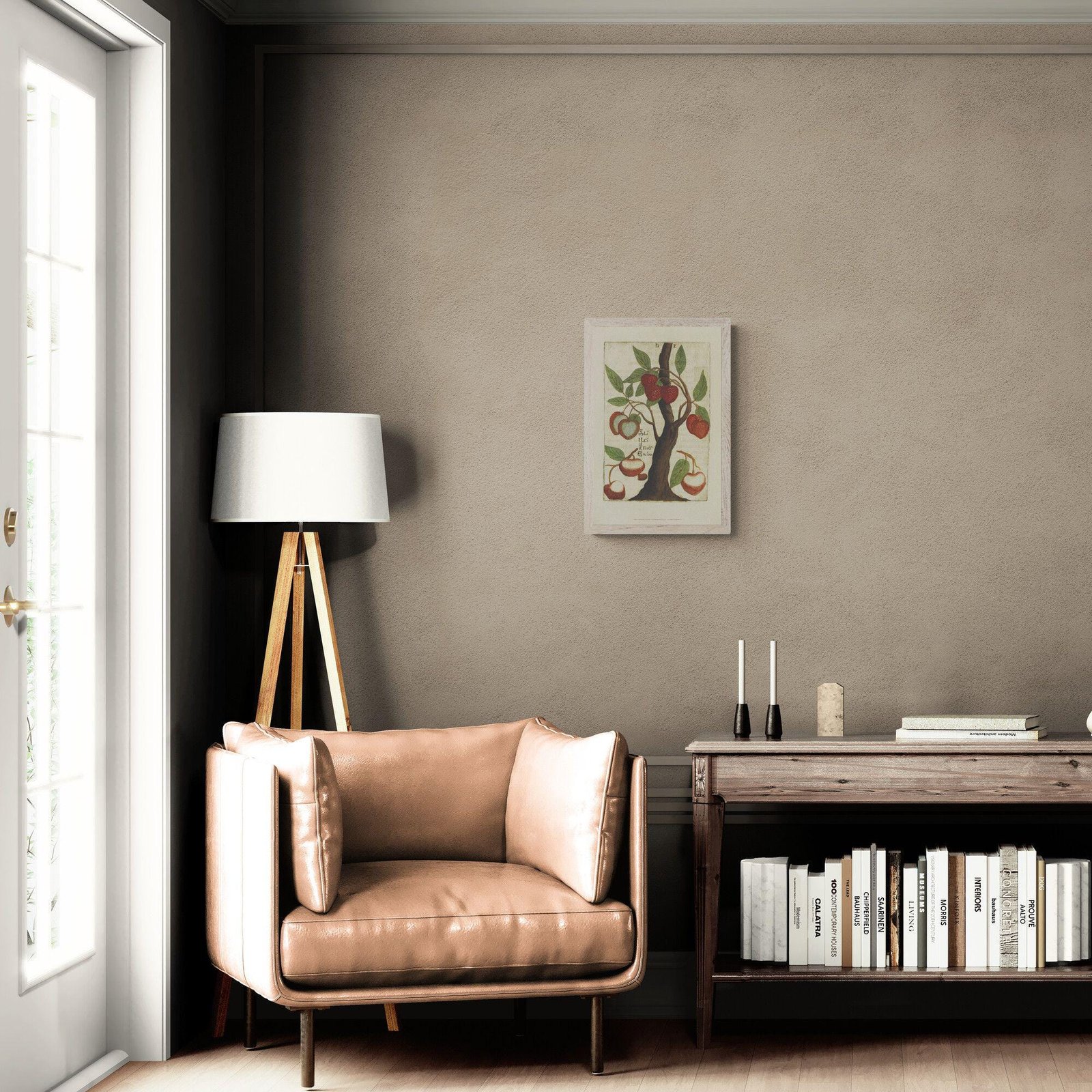 Cozy living room with chair and painting.