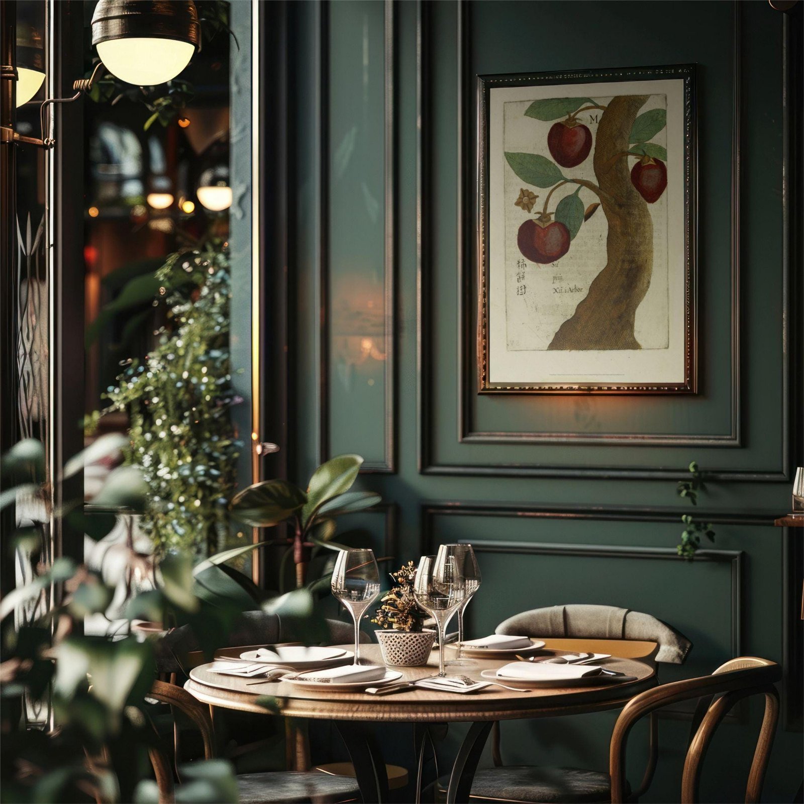 Elegant restaurant table with framed artwork on wall.