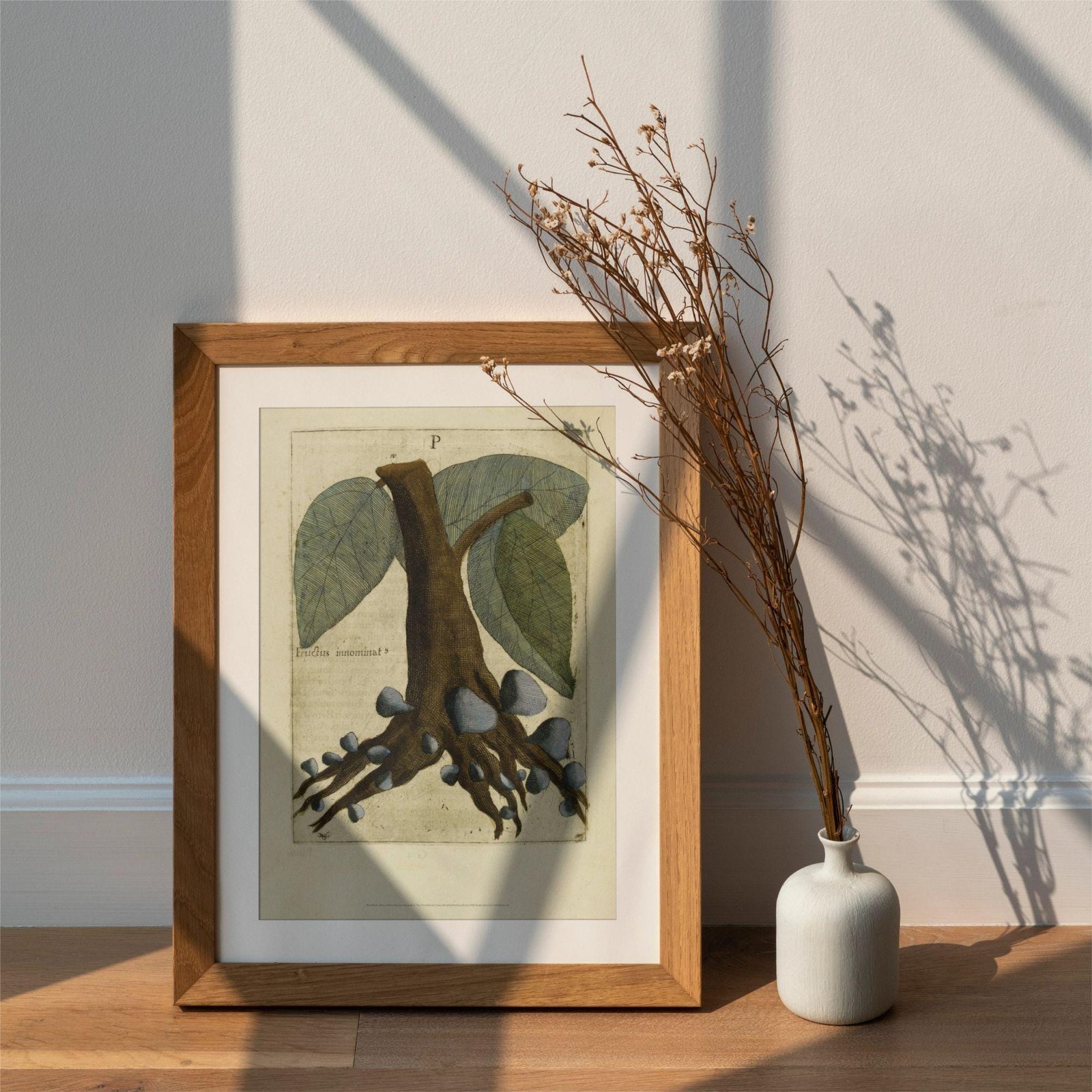 Framed botanical print with vase of branches.