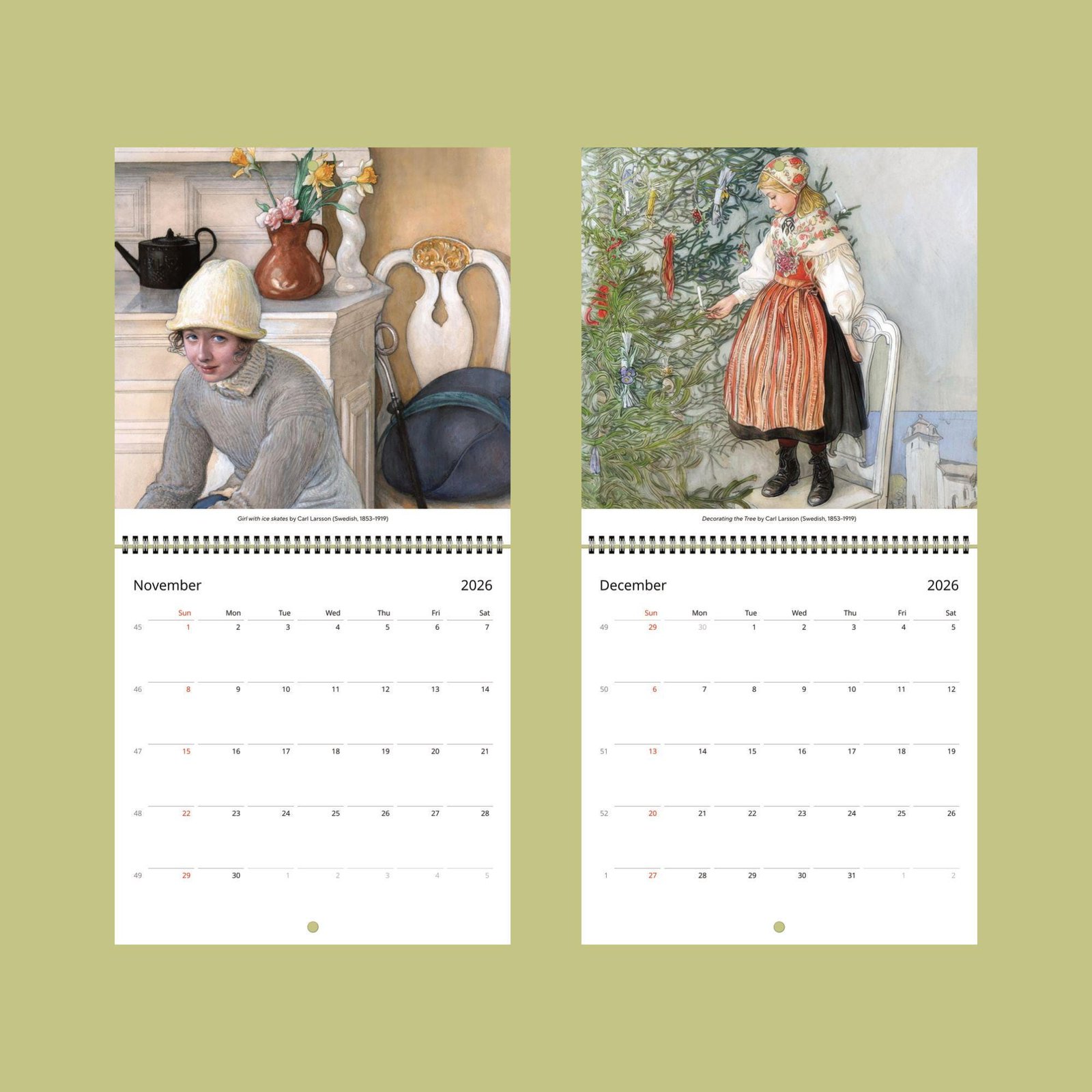 2026 calendar with Carl Larsson artwork, November-December.