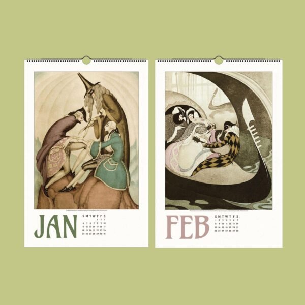 Illustrated calendar pages for January and February.